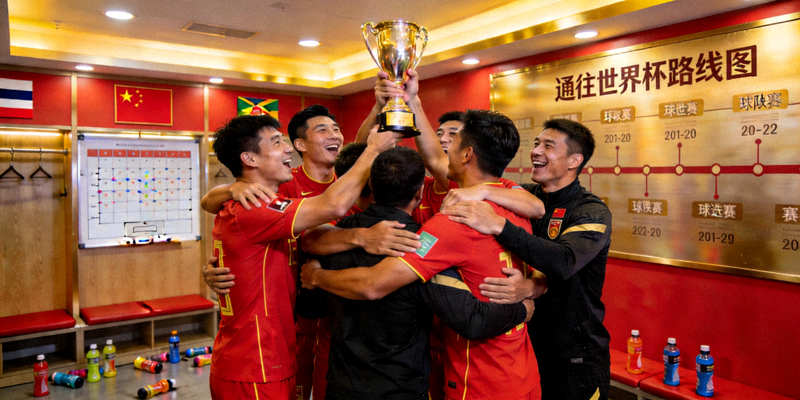 国家队荣耀之路：球员们在更衣室庆祝预选赛胜利，墙上挂着通往世界杯的路线图